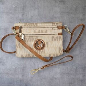 M Missoni Logo Print Crossbody Bag Tan Brown Multi Zip Wristlet Strap